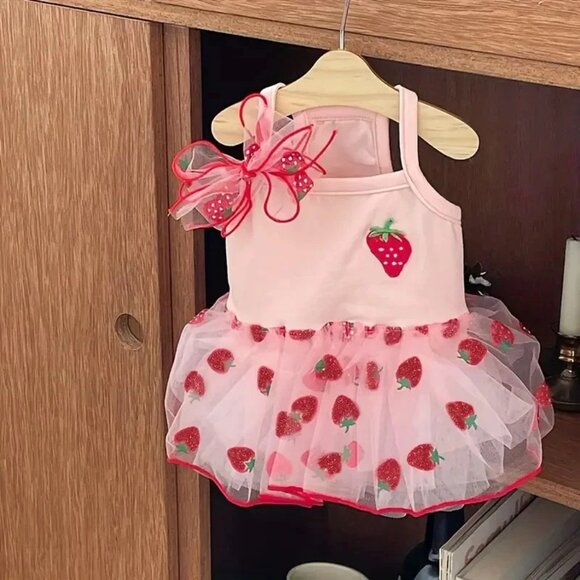 Dog Pink Tutu Dress Set with Strawberry Print & Matching Hair Bow - Size Medium - Picture 1 of 3